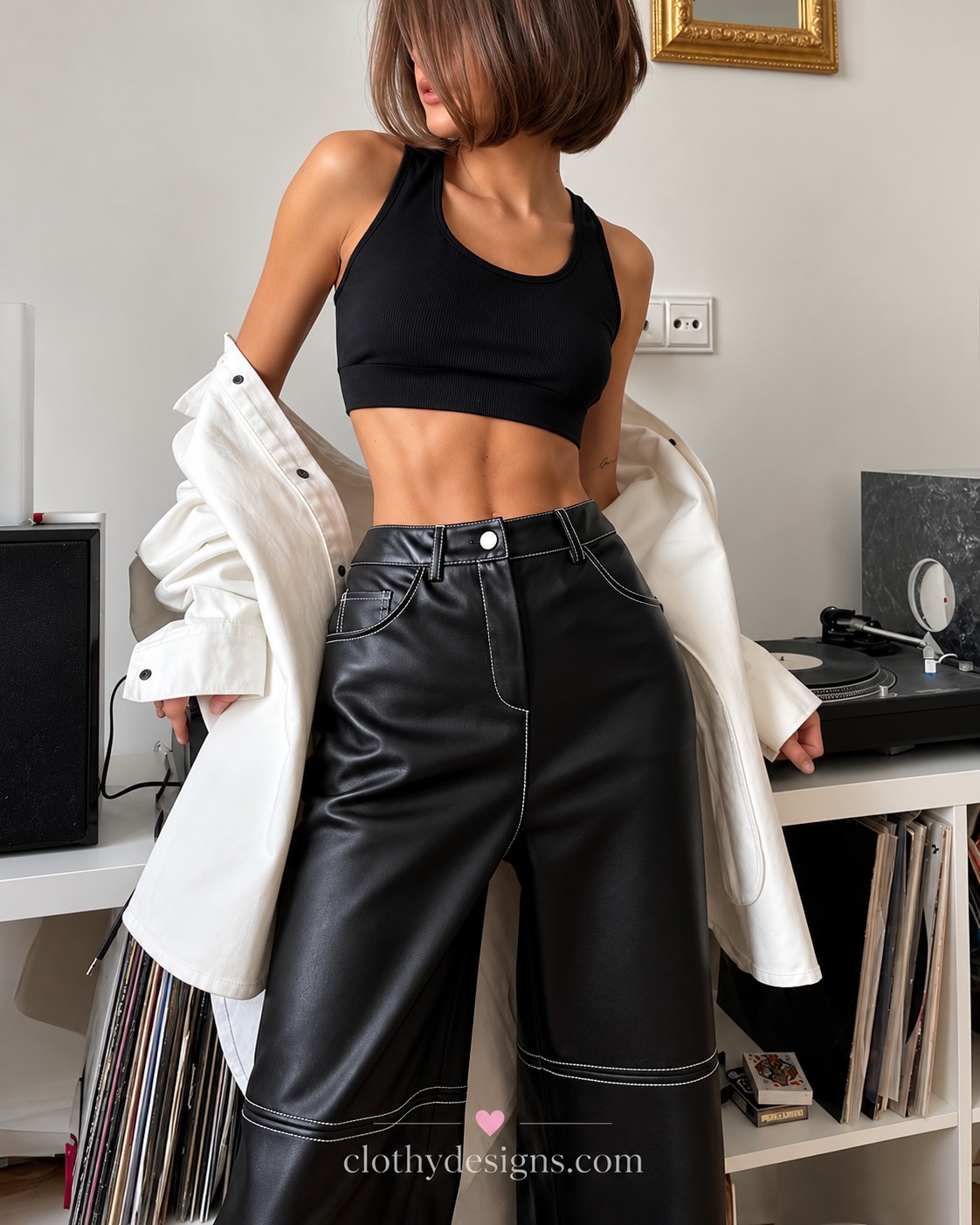 Fashion Gothic Black PU Leather Wide Leg Pants Women Trousers Streetwear Bottom Casual Punk Pants Outfits